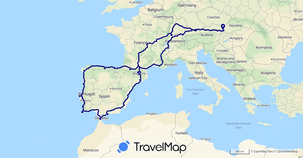 TravelMap itinerary: driving in Andorra, Switzerland, Spain, France, Portugal, Slovakia (Europe)