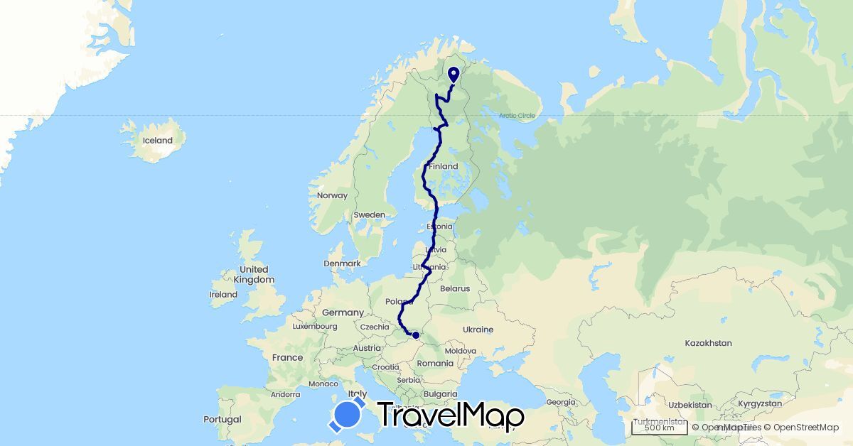 TravelMap itinerary: driving, boat in Estonia, Finland, Lithuania, Latvia, Poland, Slovakia (Europe)